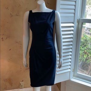 Square neck navy sheath dress